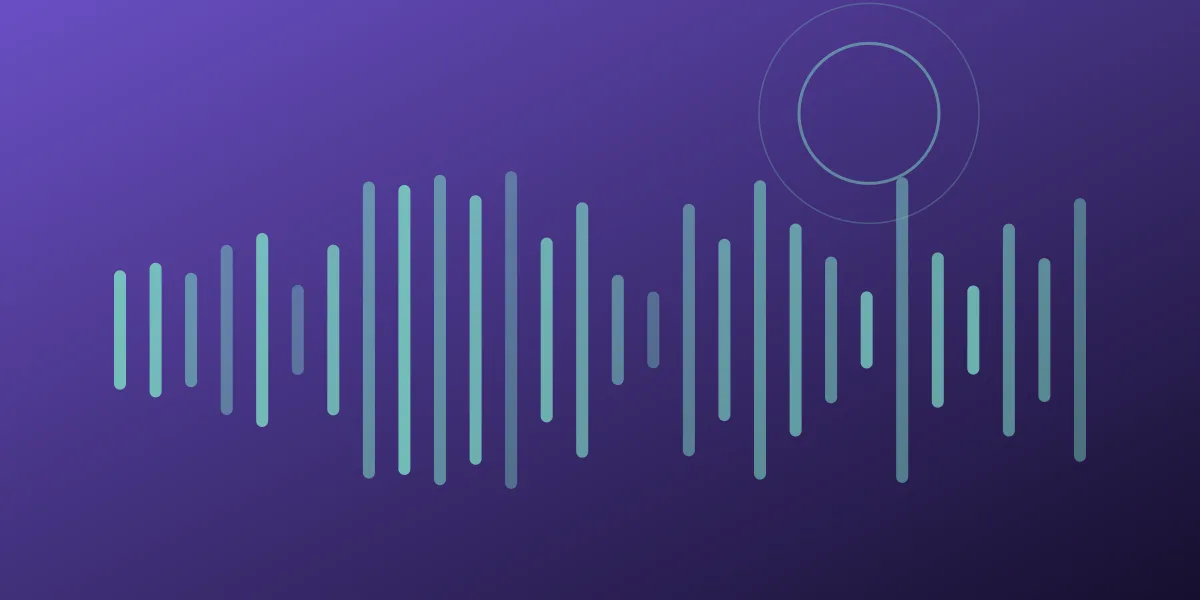 Abstract waveform in teal and violet flowing through a series of glowing nodes on a dark background, representing a phone call passing through an AI pipeline
