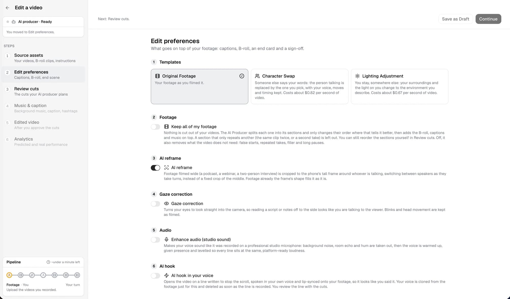 Edit Video in LumisReach: Edit preferences with Original Footage, Character Swap and Lighting Adjustment templates, and toggles for AI reframe, gaze correction, studio sound and an AI hook.