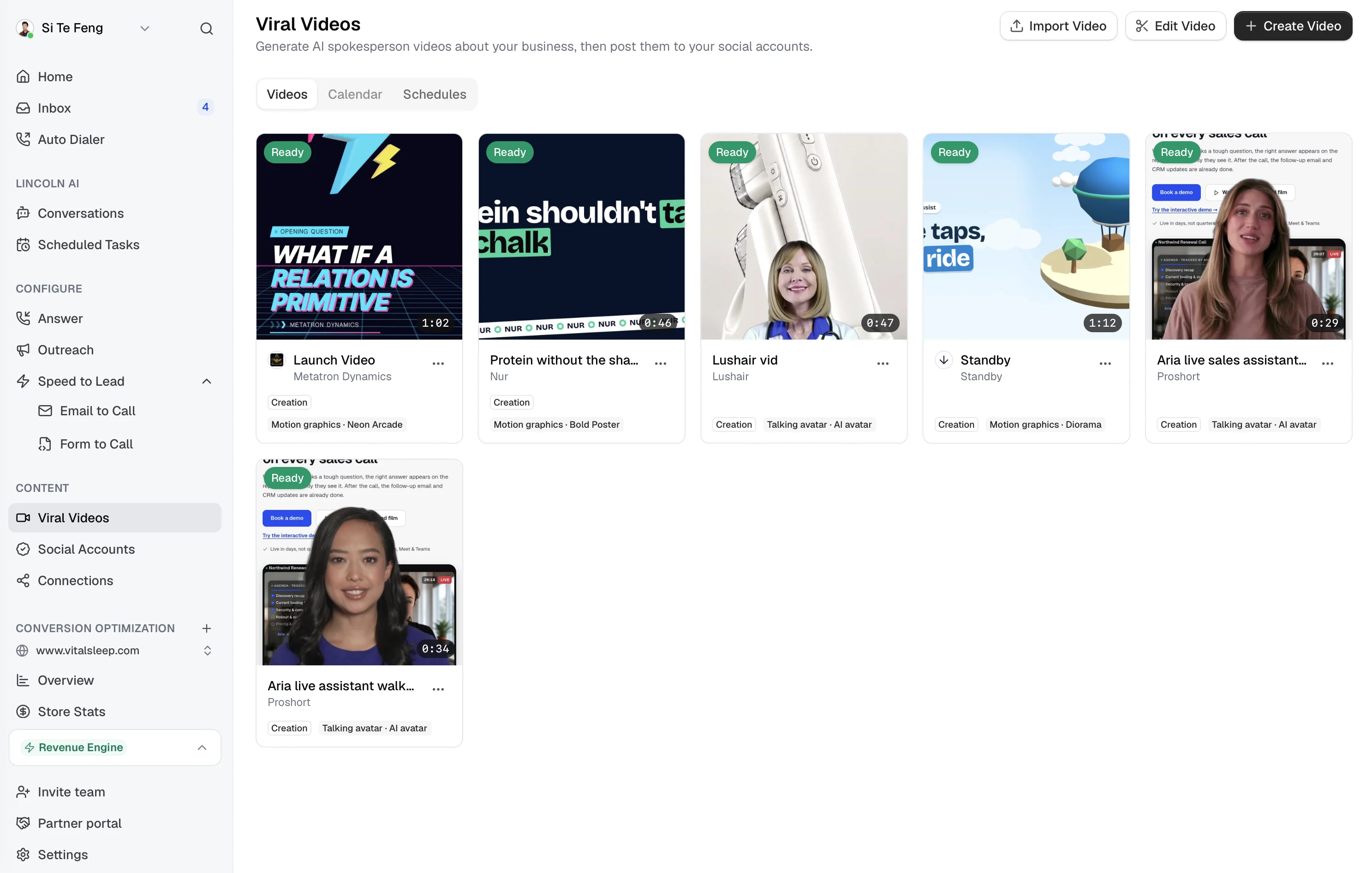 The Viral Videos library in LumisReach: six finished videos, each card showing its business, template and style, with Import Video, Edit Video and Create Video buttons above them.