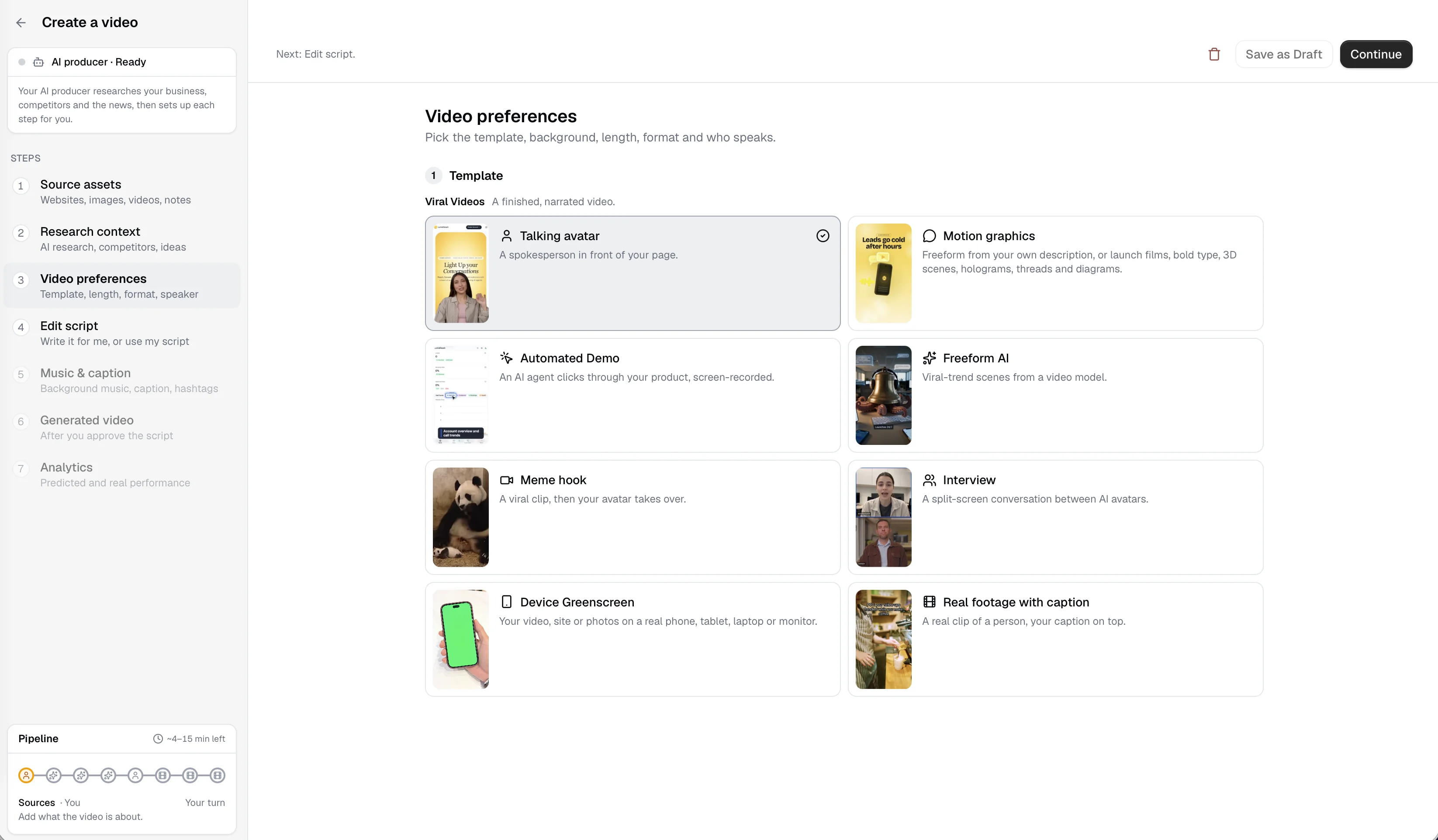 The Video preferences step of Create a video: a template picker with Talking avatar, Motion graphics, Automated Demo, Freeform UGC, Meme hook, Interview, Device Greenscreen and Real footage with caption, beside the seven-step sidebar and the AI producer.